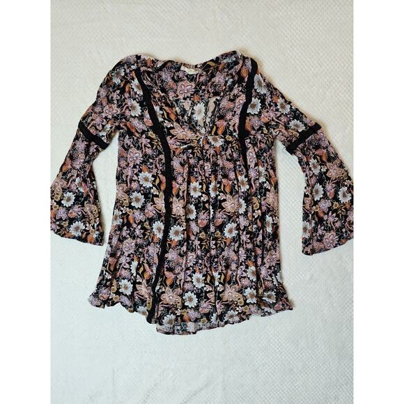 Altar'd State Floral Black Pink Babydoll Flowers Mini Dress Bell Sleeve Size M‎ - Picture 1 of 5